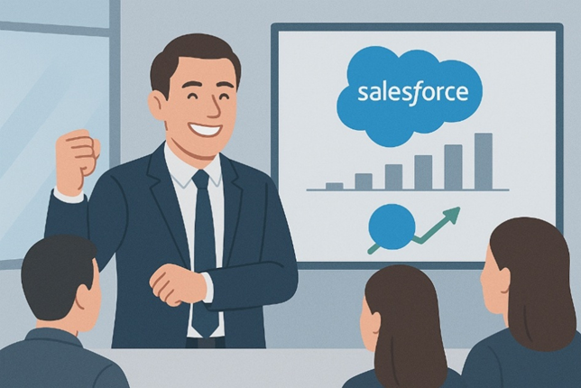 A man presenting salesforce presentation to his team.
