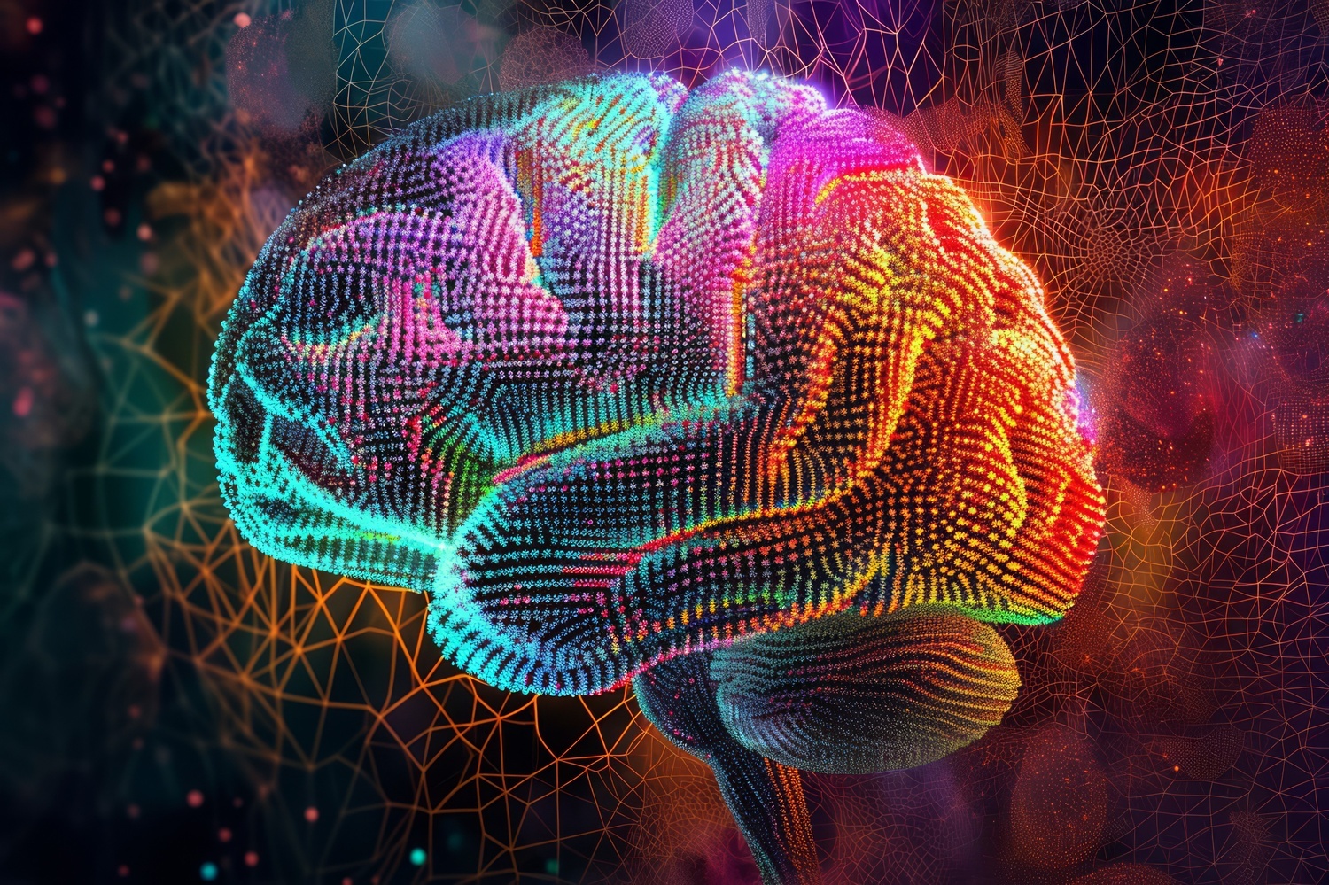 Digital generative art featuring a 3D mesh of a human brain structure.