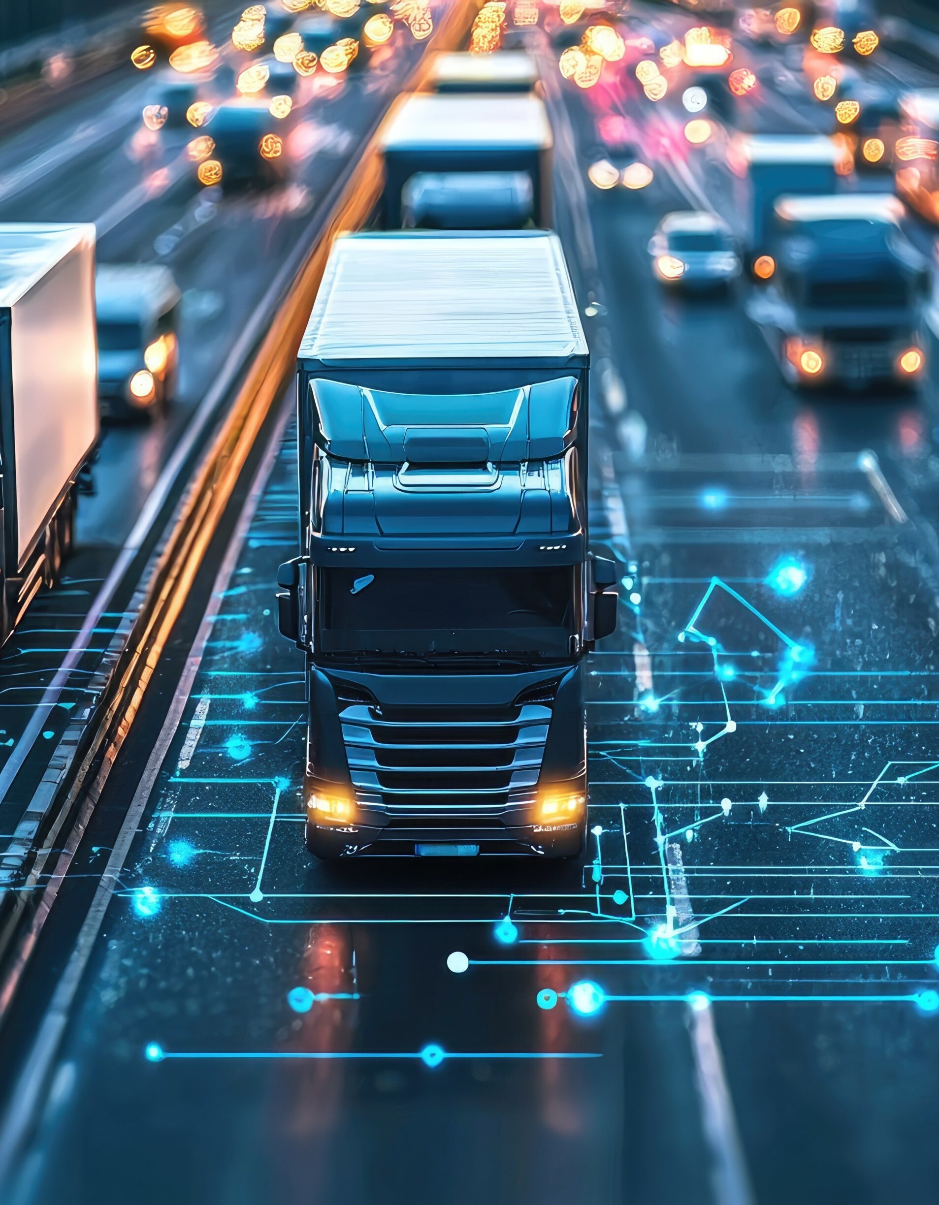 AI generated illustration of delivery truck navigating a highway connected to a digital logistics network.