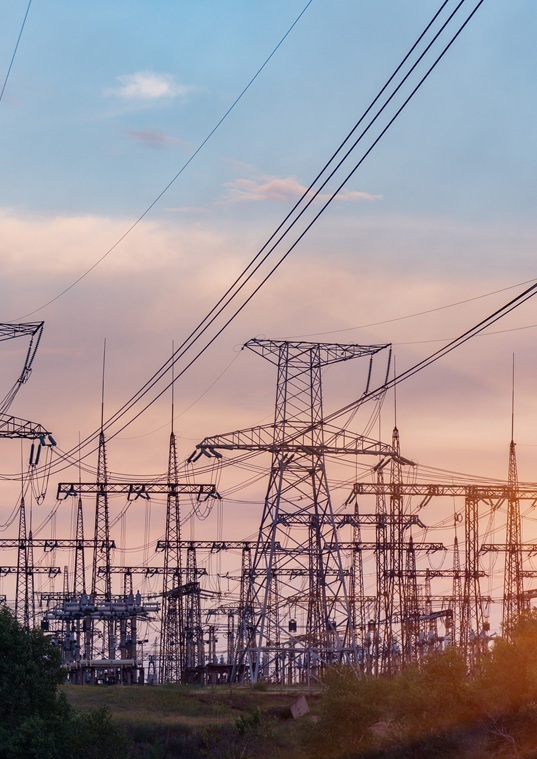 High-voltage transmission towers.