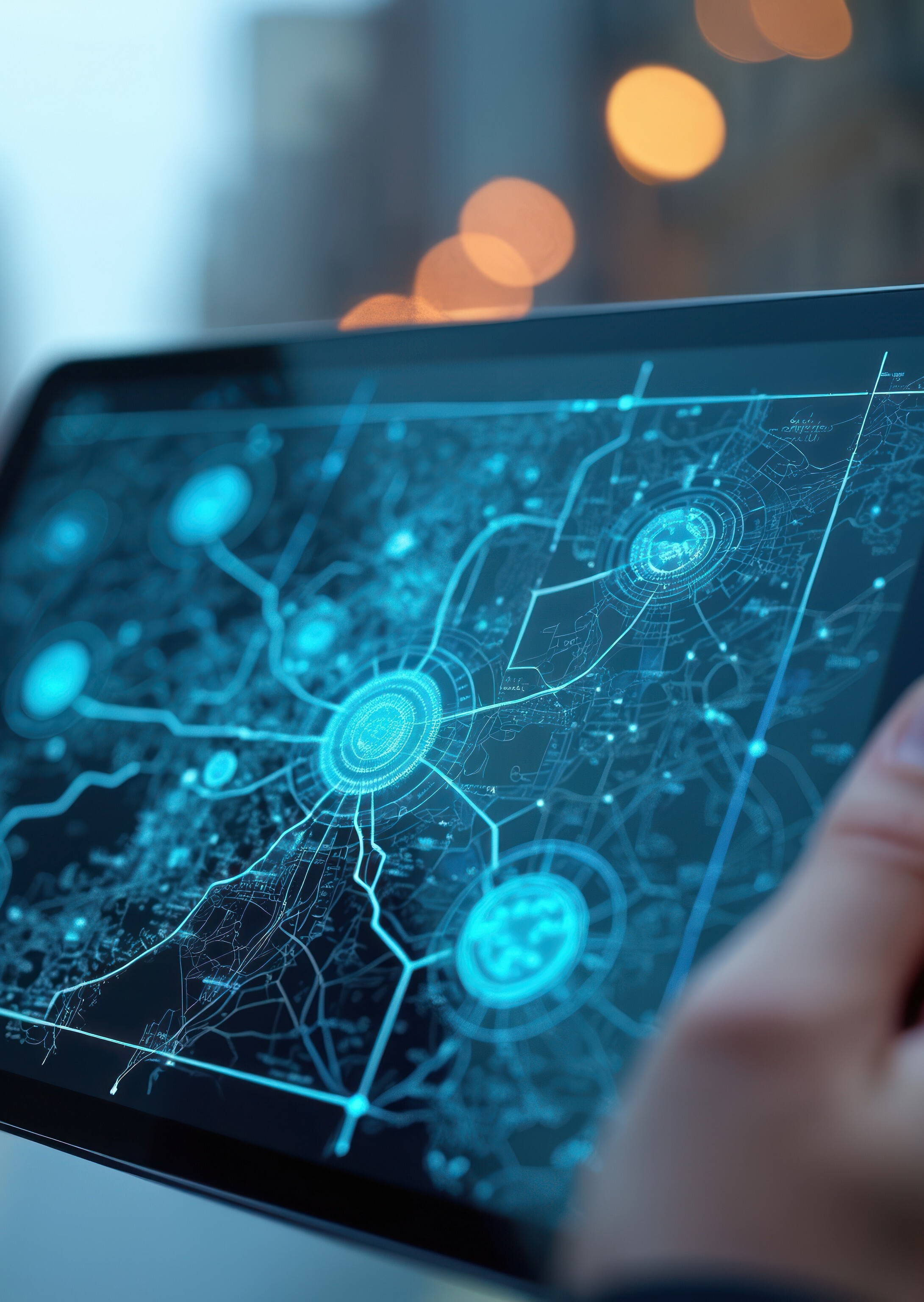 A man holding tablet which is showing the digital network of the system.